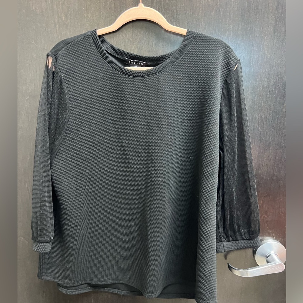 Nel + Lo Black Plus Top Size 2X Long Sheer Sleeves Dressy waffle Blouse